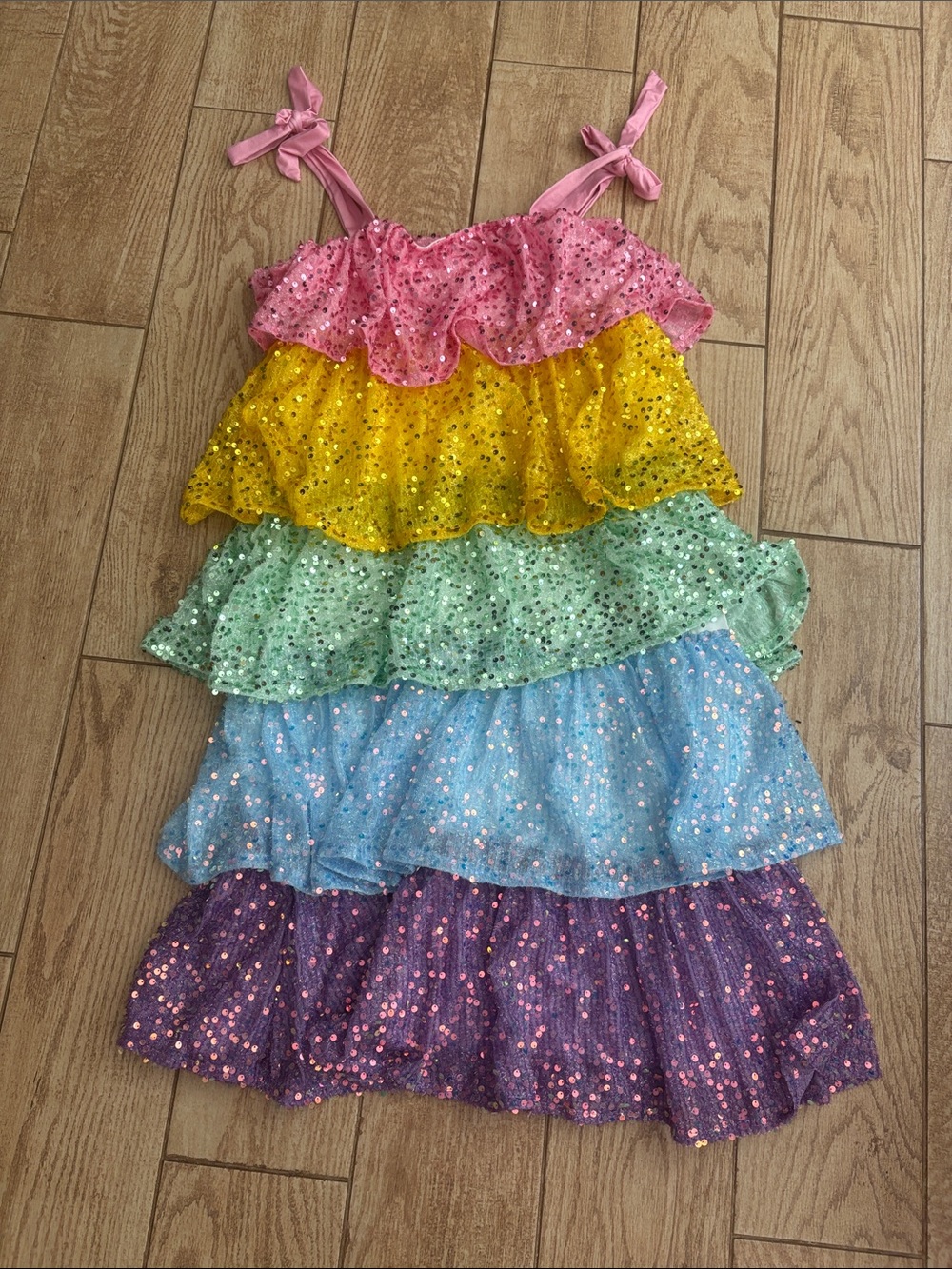 Rainbow Sequin Tiered Dress - Pink, Yellow, Green, Blue, Purple